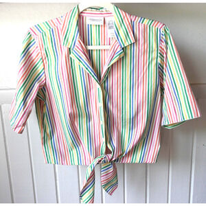 Vintage Rainbow Stripe Shirt Womens Small Cropped Button Up Tie Knot Retro 90s